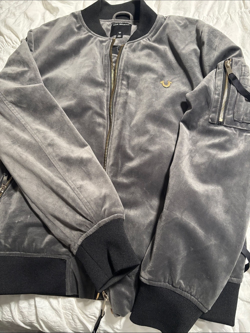 True Religion women Charcoal Velvet Bomber Jacket with Gold Logo